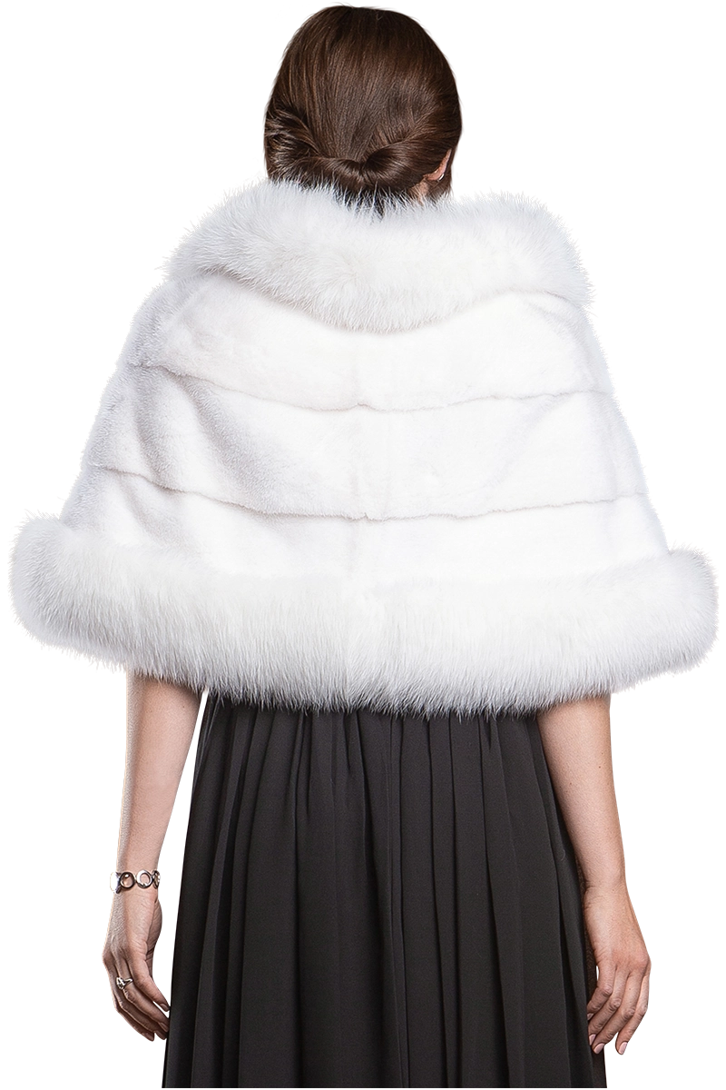 White EM-EL Traditional Horizontal Mink - Fox Fur Cape MODEL BACK CROPPED VIEW