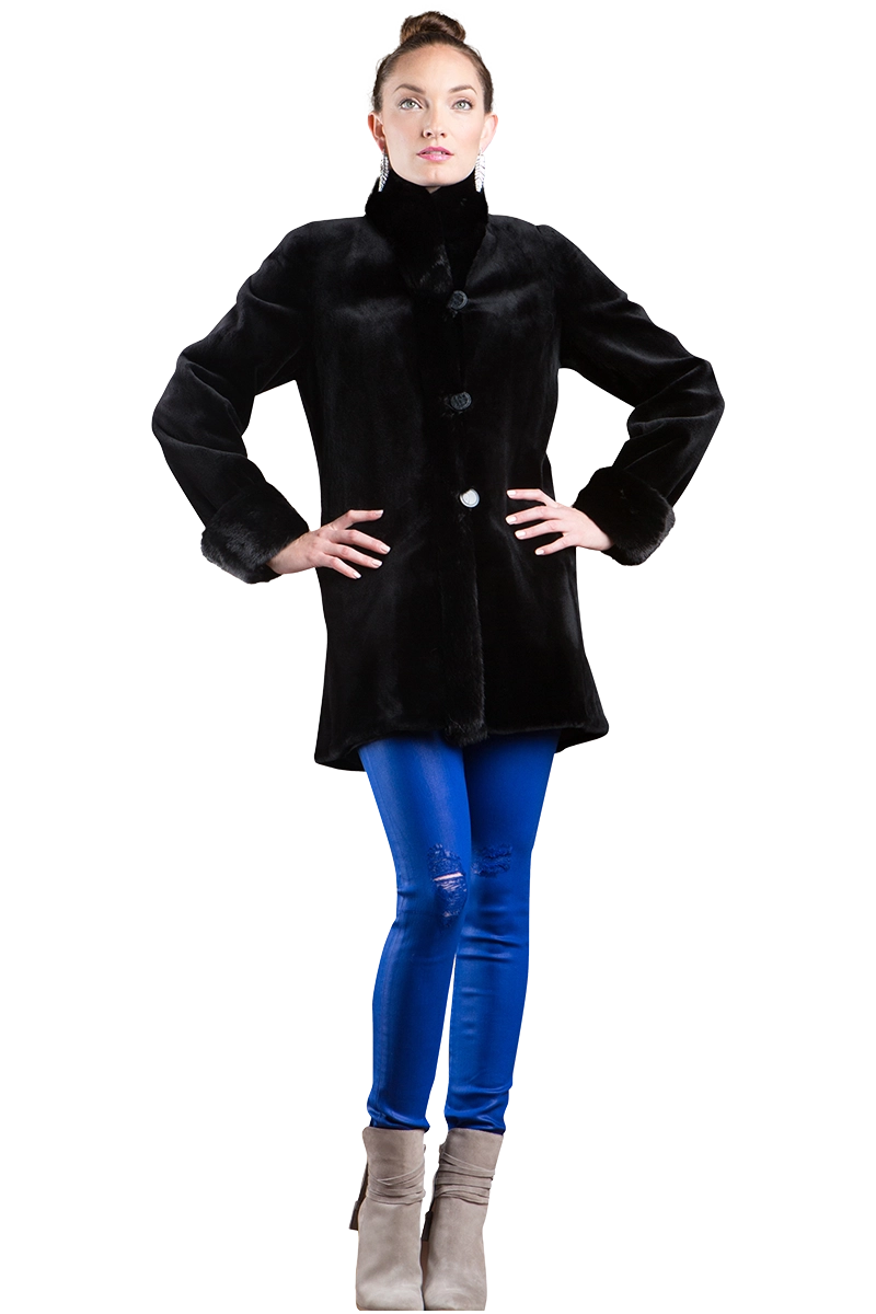 Black EM-EL Reversible Sheared & Long Haired Mink Fur Jacket