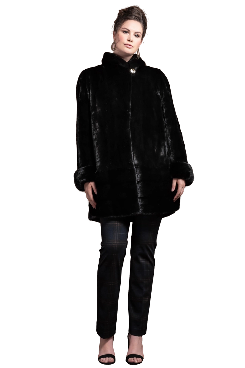 Black EM-EL Ranch Mink Mid-Length Fur Coat Shawl Collar - Horizontal Bottom Border - Plus Size