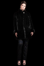 Black EM-EL Ranch Mink Mid-Length Fur Coat Shawl Collar - Horizontal Bottom Border - Plus Size