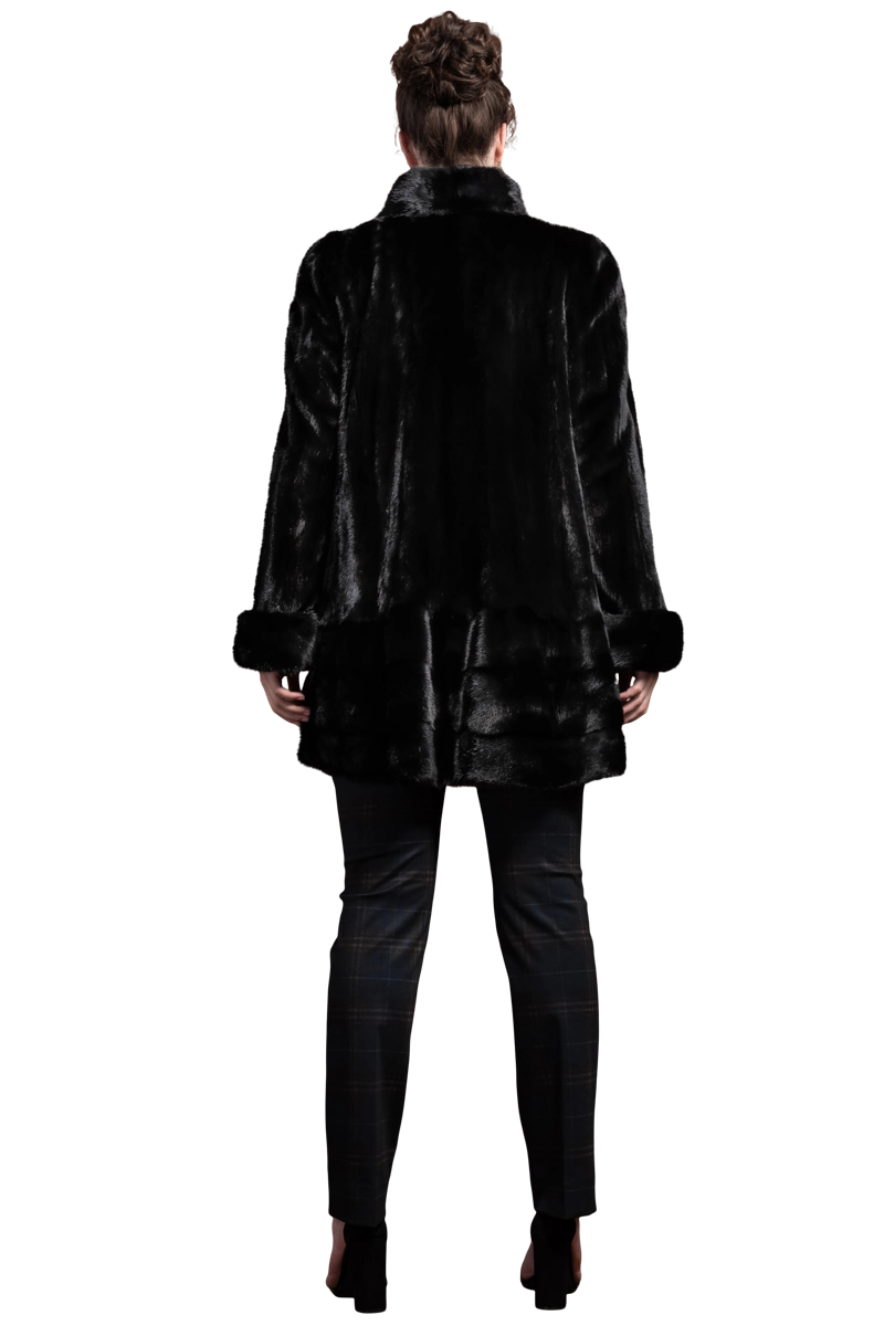 Black EM-EL Ranch Mink Mid-Length Fur Coat Shawl Collar - Horizontal Bottom Border - Plus Size