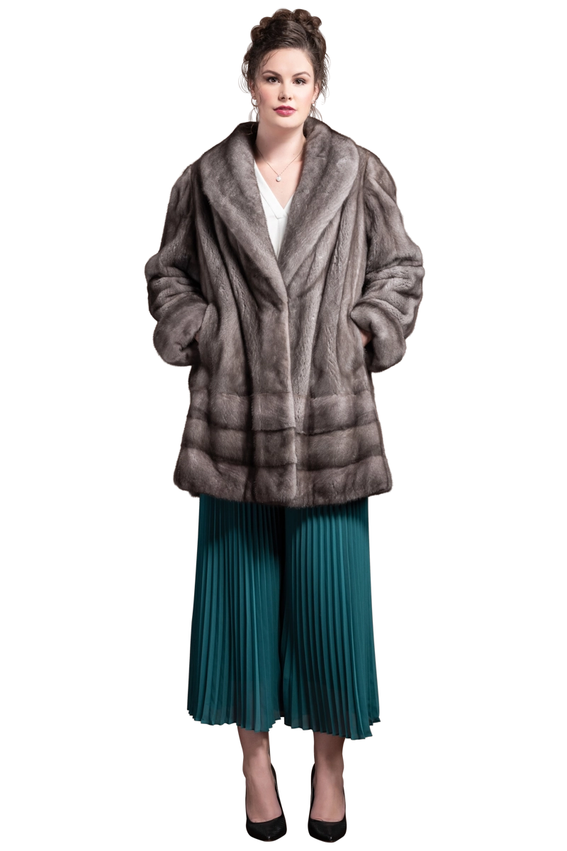 BlueIris EM-EL Blue Iris Mink Mid-Length Fur Coat Shawl Collar - Horizontal Bottom Border - Plus Size