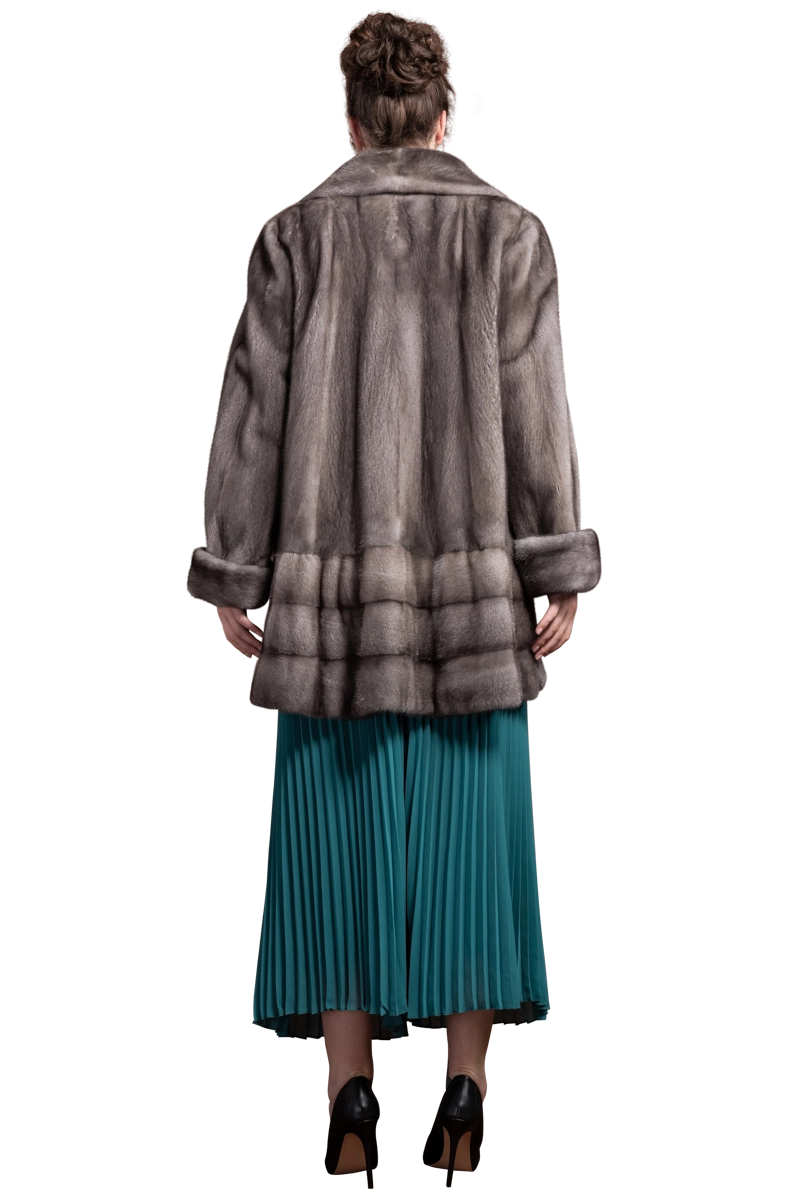 BlueIris EM-EL Blue Iris Mink Mid-Length Fur Coat Shawl Collar - Horizontal Bottom Border - Plus Size