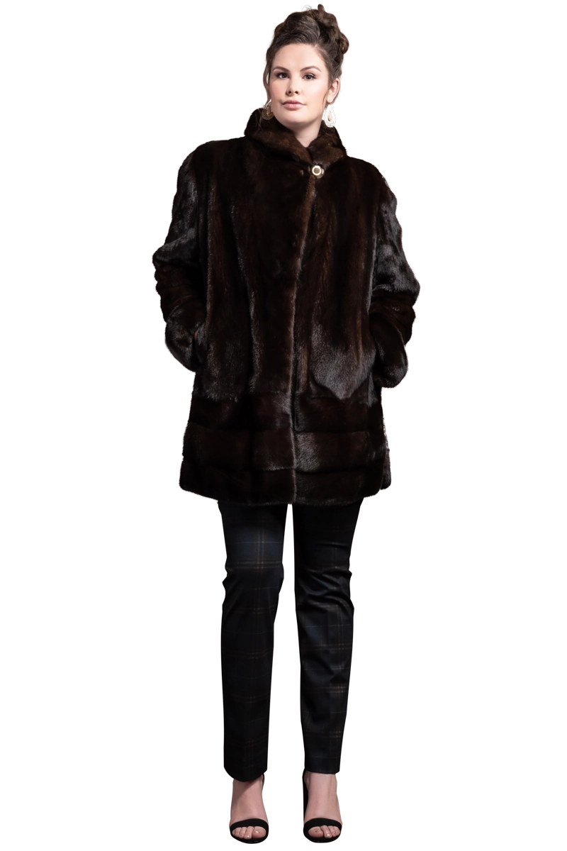 Mahogany EM-EL Mahogany Mink Mid-Length Fur Coat Shawl Collar - Horizontal Bottom Border - Plus Size