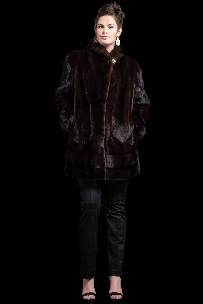 Mahogany EM-EL Mahogany Mink Mid-Length Fur Coat Shawl Collar - Horizontal Bottom Border - Plus Size