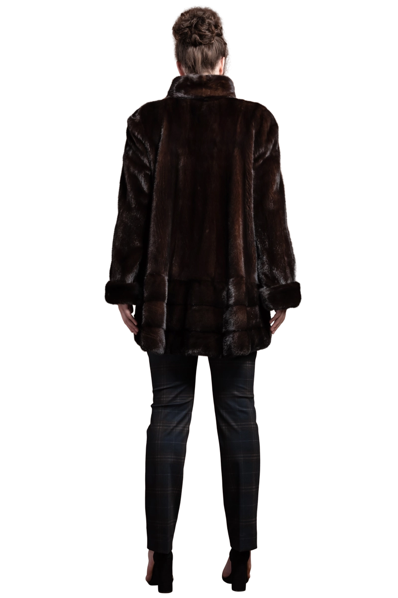 Mahogany EM-EL Mahogany Mink Mid-Length Fur Coat Shawl Collar - Horizontal Bottom Border - Plus Size