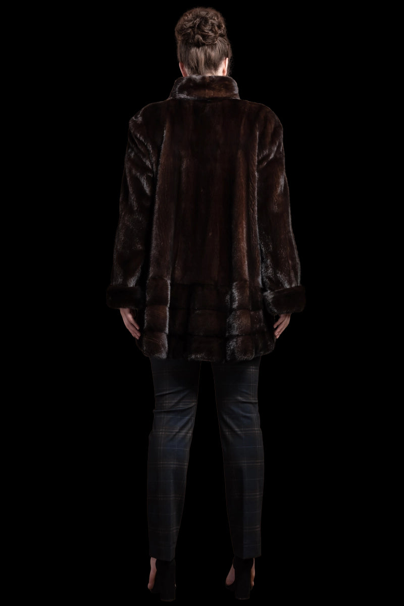 Mahogany EM-EL Mahogany Mink Mid-Length Fur Coat Shawl Collar - Horizontal Bottom Border - Plus Size