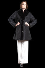 Black EM-EL Reversible Fitted Sheared Mink Mid-Length Fur Coat - Chinchilla Shawl Collar