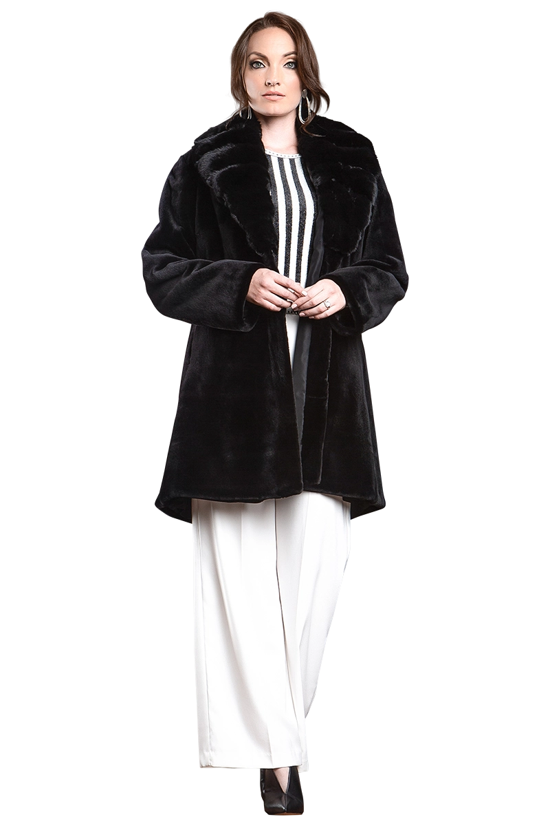 Black EM-EL Reversible Fitted Sheared Mink Mid-Length Fur Coat - Chinchilla Shawl Collar