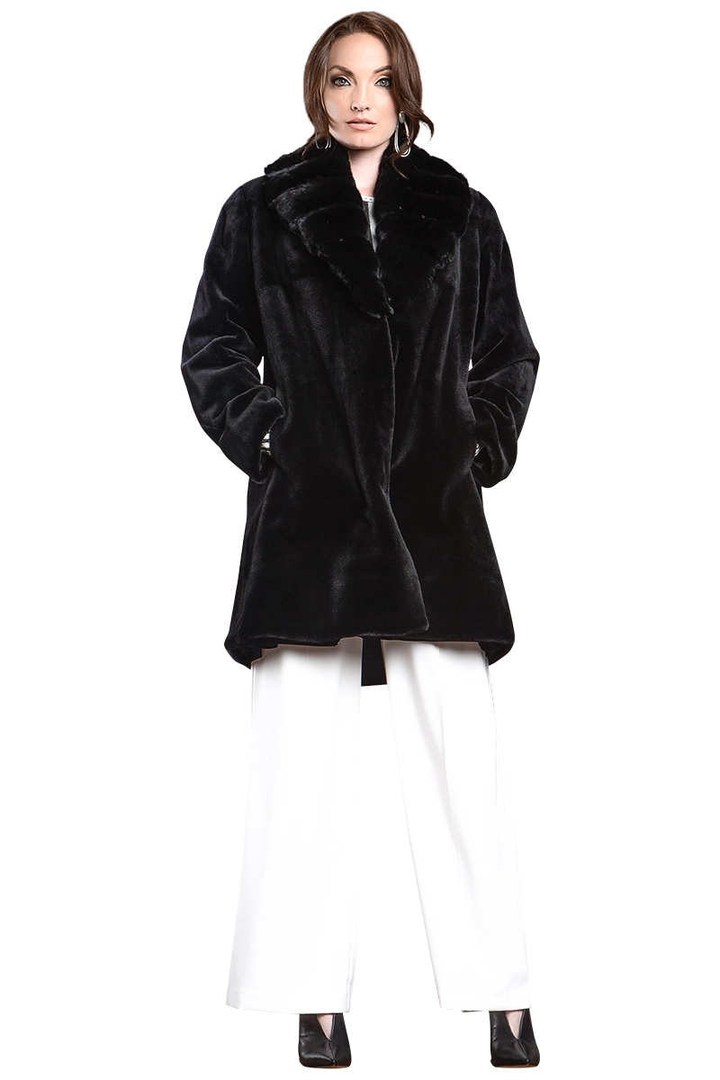 Black EM-EL Reversible Fitted Sheared Mink Mid-Length Fur Coat - Chinchilla Shawl Collar