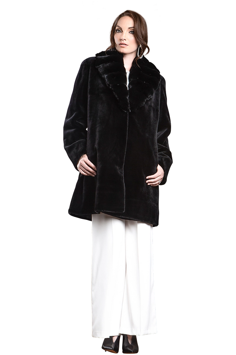 Black EM-EL Reversible Fitted Sheared Mink Mid-Length Fur Coat - Chinchilla Shawl Collar