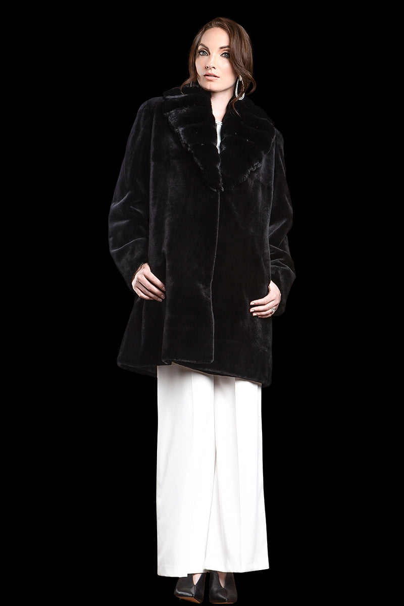 Black EM-EL Reversible Fitted Sheared Mink Mid-Length Fur Coat - Chinchilla Shawl Collar