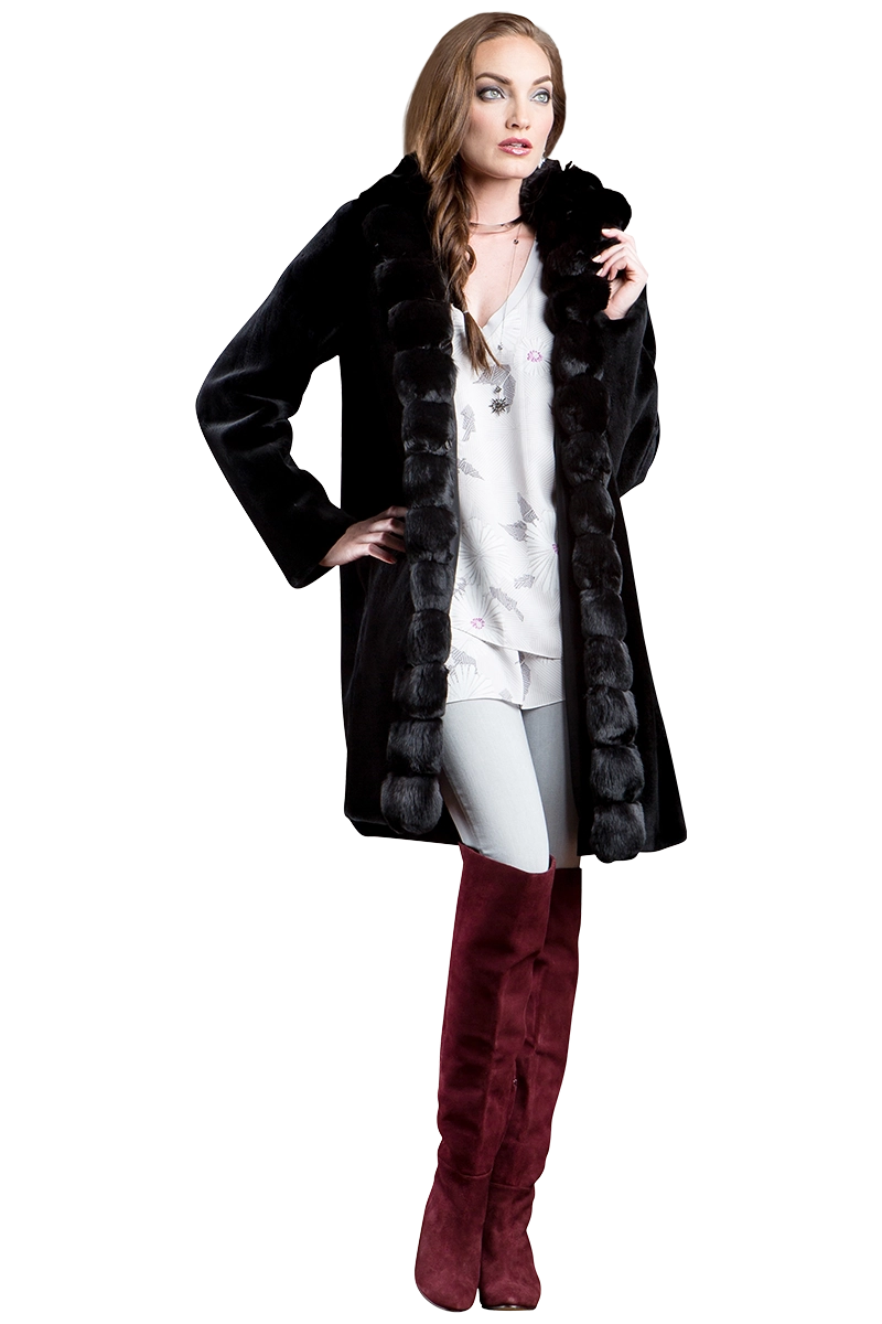 Black Reversible Sheared Fitted Mid Length Chinchilla and Mink Fur Coat