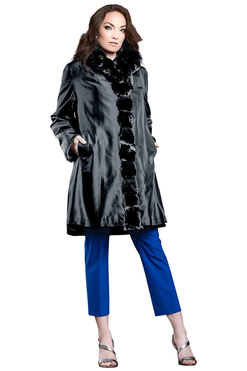 Charcoal Reversible Sheared Fitted Mid Length Chinchilla and Mink Fur Coat