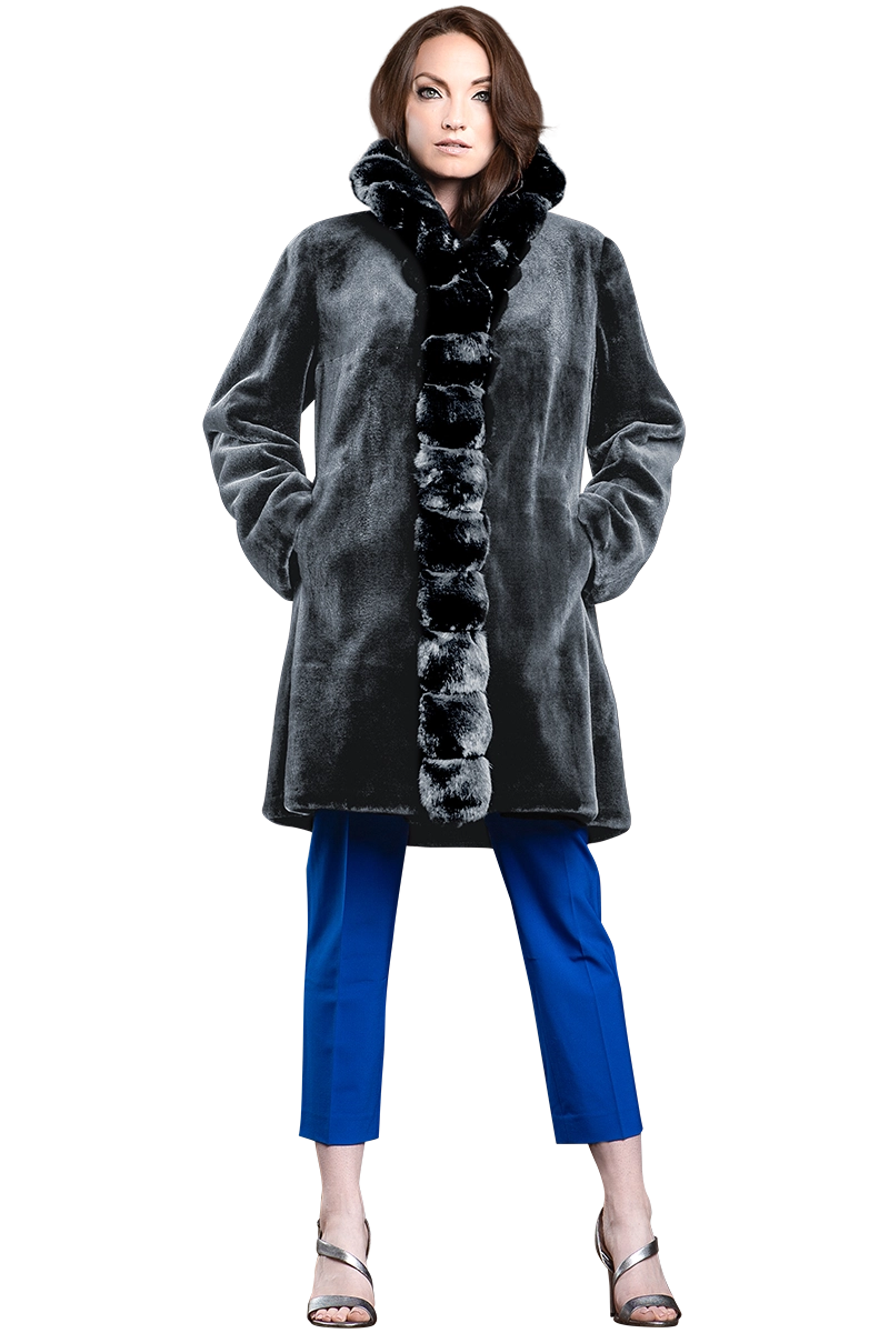 Reversible Sheared Mink and Chinchilla Fitted Mid-Length Fur Coat