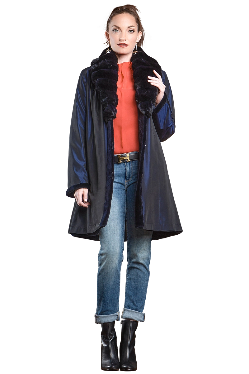 NavyBlue EM-EL Reversible Fitted Sheared Mink Mid-Length Fur Coat - Chinchilla Shawl Collar