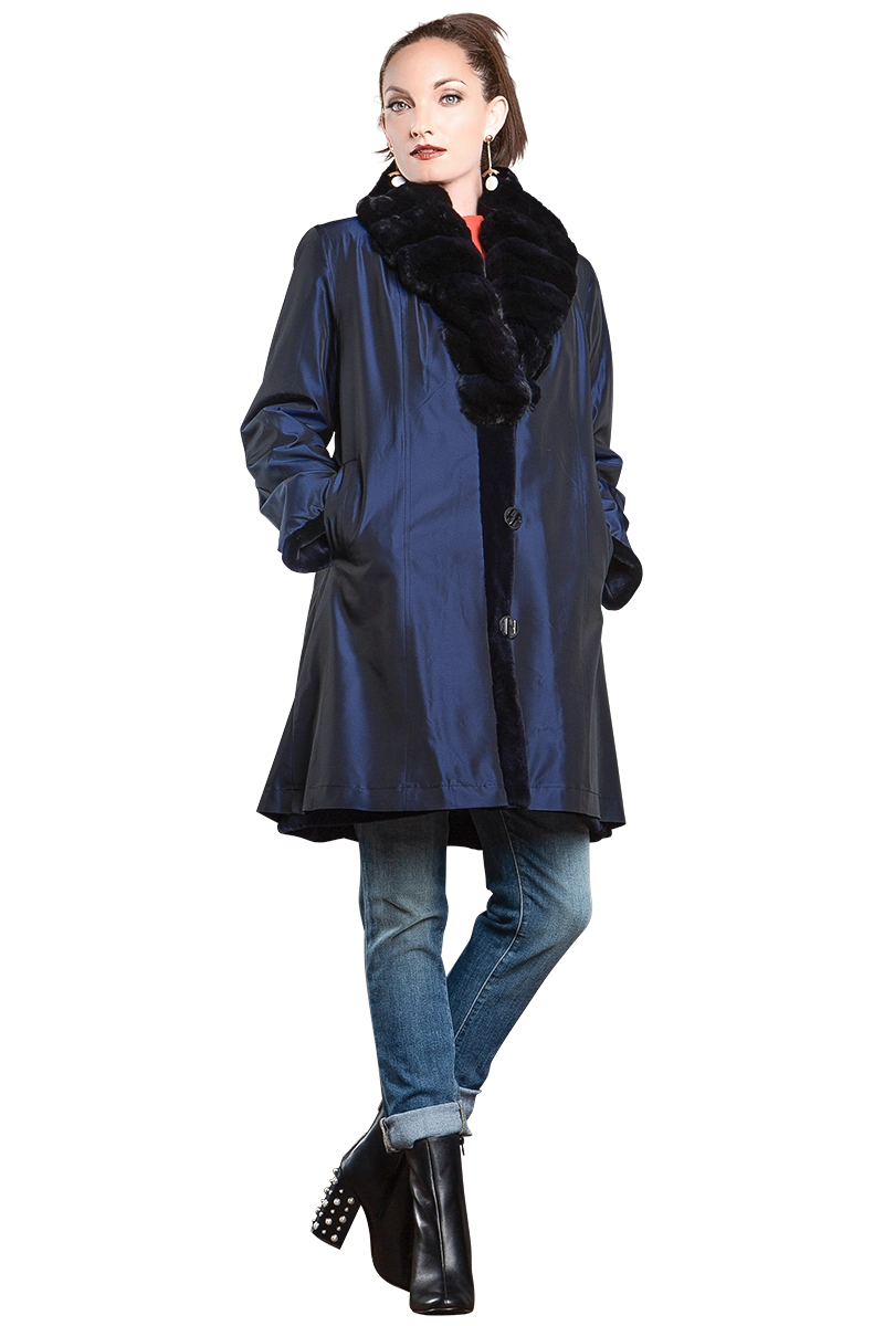 NavyBlue EM-EL Reversible Fitted Sheared Mink Mid-Length Fur Coat - Chinchilla Shawl Collar