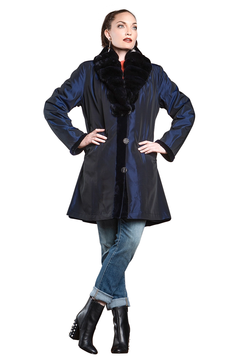 NavyBlue EM-EL Reversible Fitted Sheared Mink Mid-Length Fur Coat - Chinchilla Shawl Collar