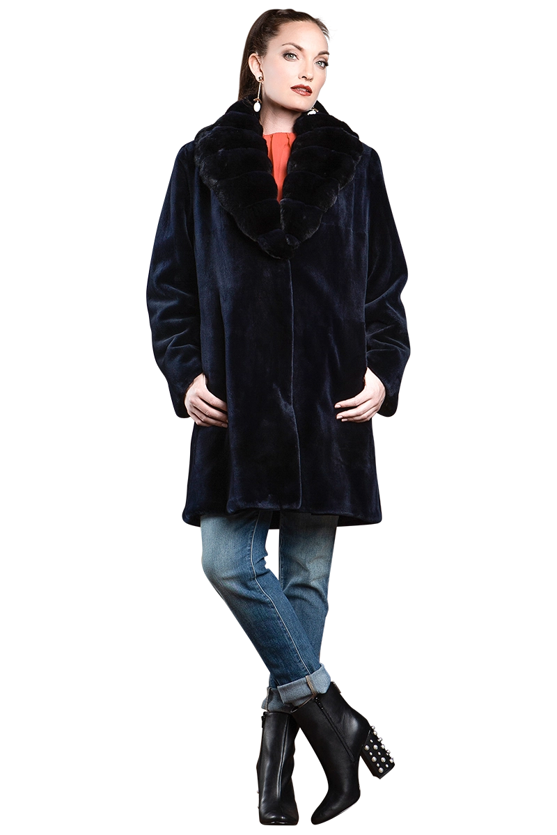 NavyBlue EM-EL Reversible Fitted Sheared Mink Mid-Length Fur Coat - Chinchilla Shawl Collar