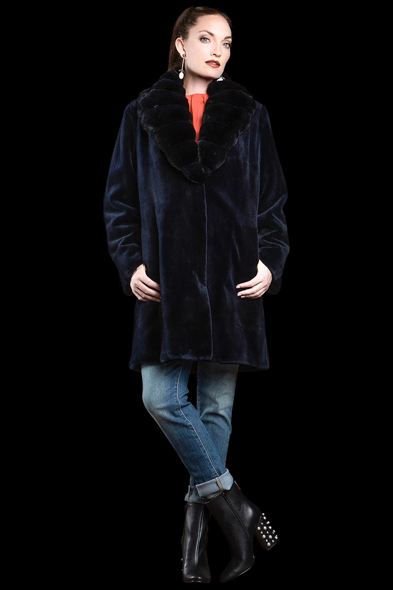 NavyBlue EM-EL Reversible Fitted Sheared Mink Mid-Length Fur Coat - Chinchilla Shawl Collar