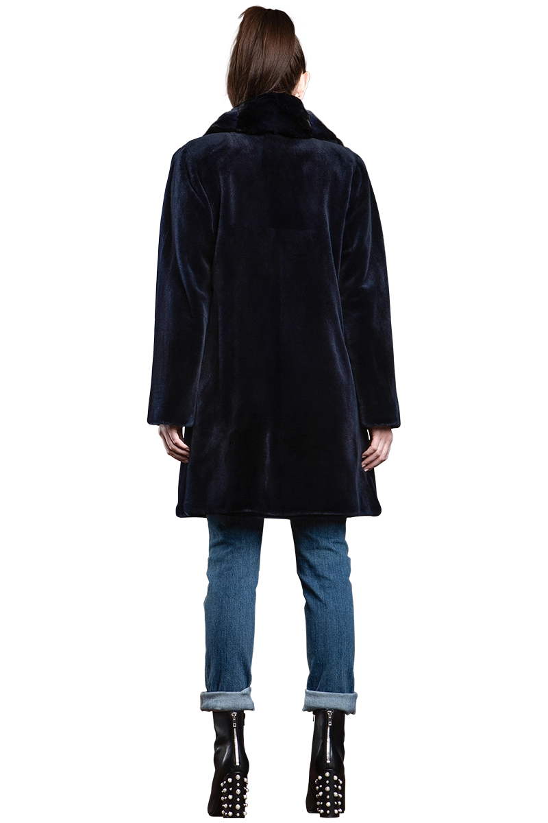 NavyBlue EM-EL Reversible Fitted Sheared Mink Mid-Length Fur Coat - Chinchilla Shawl Collar