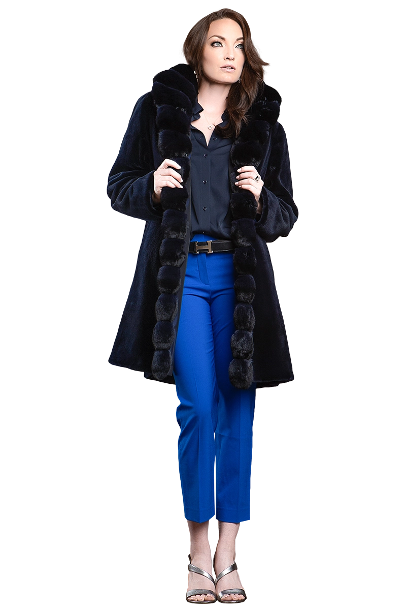 NavyBlue Reversible Sheared Fitted Mid Length Chinchilla and Mink Fur Coat