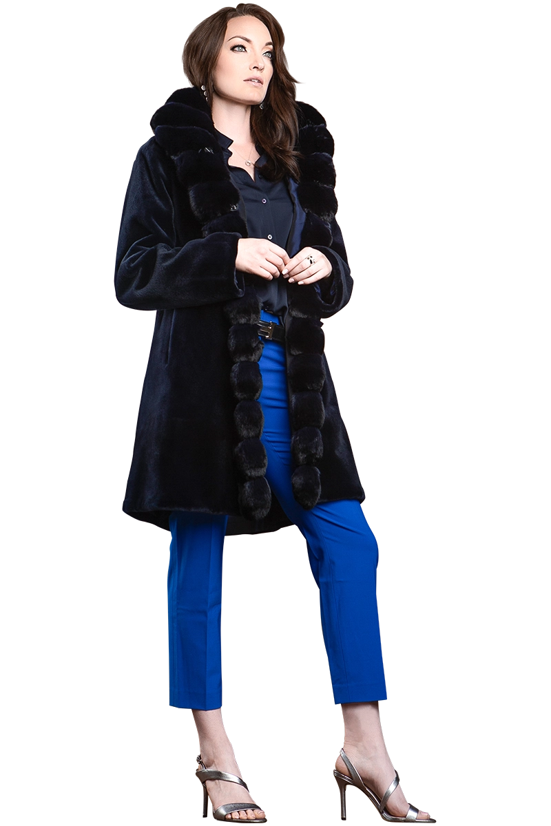 NavyBlue Reversible Sheared Fitted Mid Length Chinchilla and Mink Fur Coat