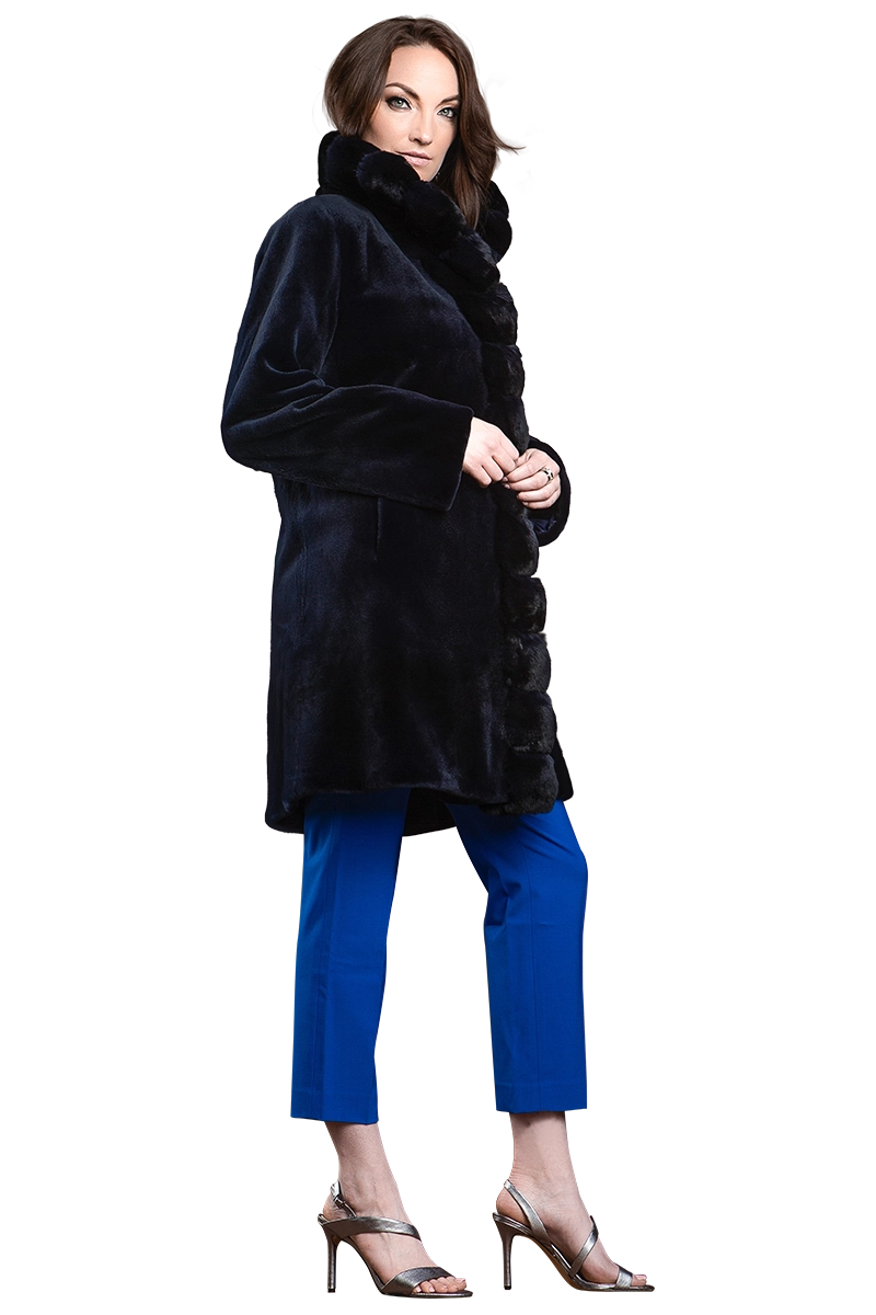 NavyBlue Reversible Sheared Fitted Mid Length Chinchilla and Mink Fur Coat