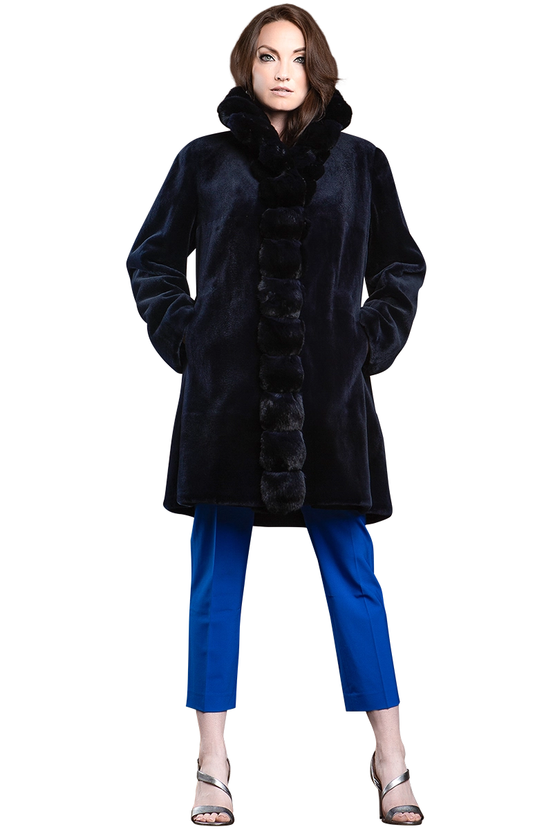 NavyBlue Reversible Sheared Fitted Mid Length Chinchilla and Mink Fur Coat