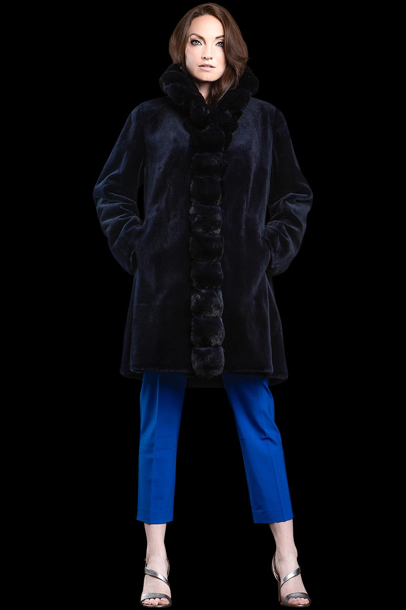 NavyBlue Reversible Sheared Fitted Mid Length Chinchilla and Mink Fur Coat