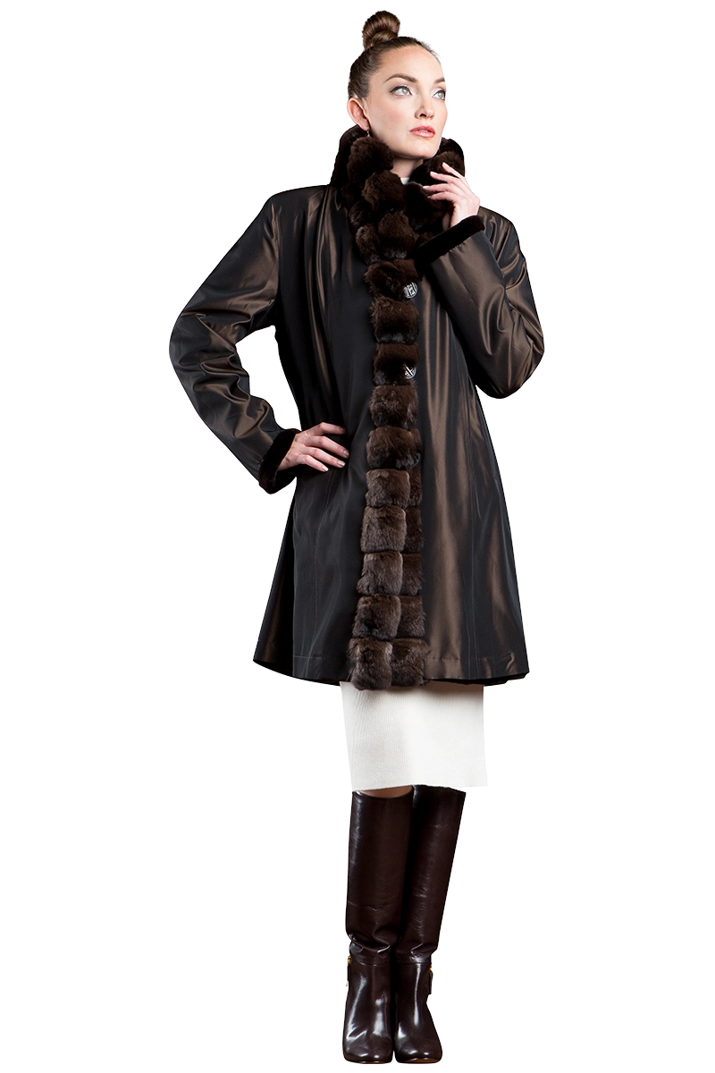 Brown Reversible Sheared Fitted Mid Length Chinchilla and Mink Fur Coat