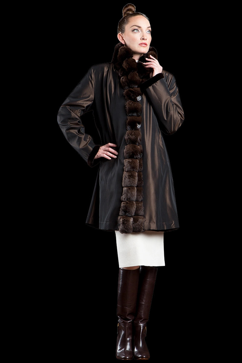 Brown Reversible Sheared Fitted Mid Length Chinchilla and Mink Fur Coat