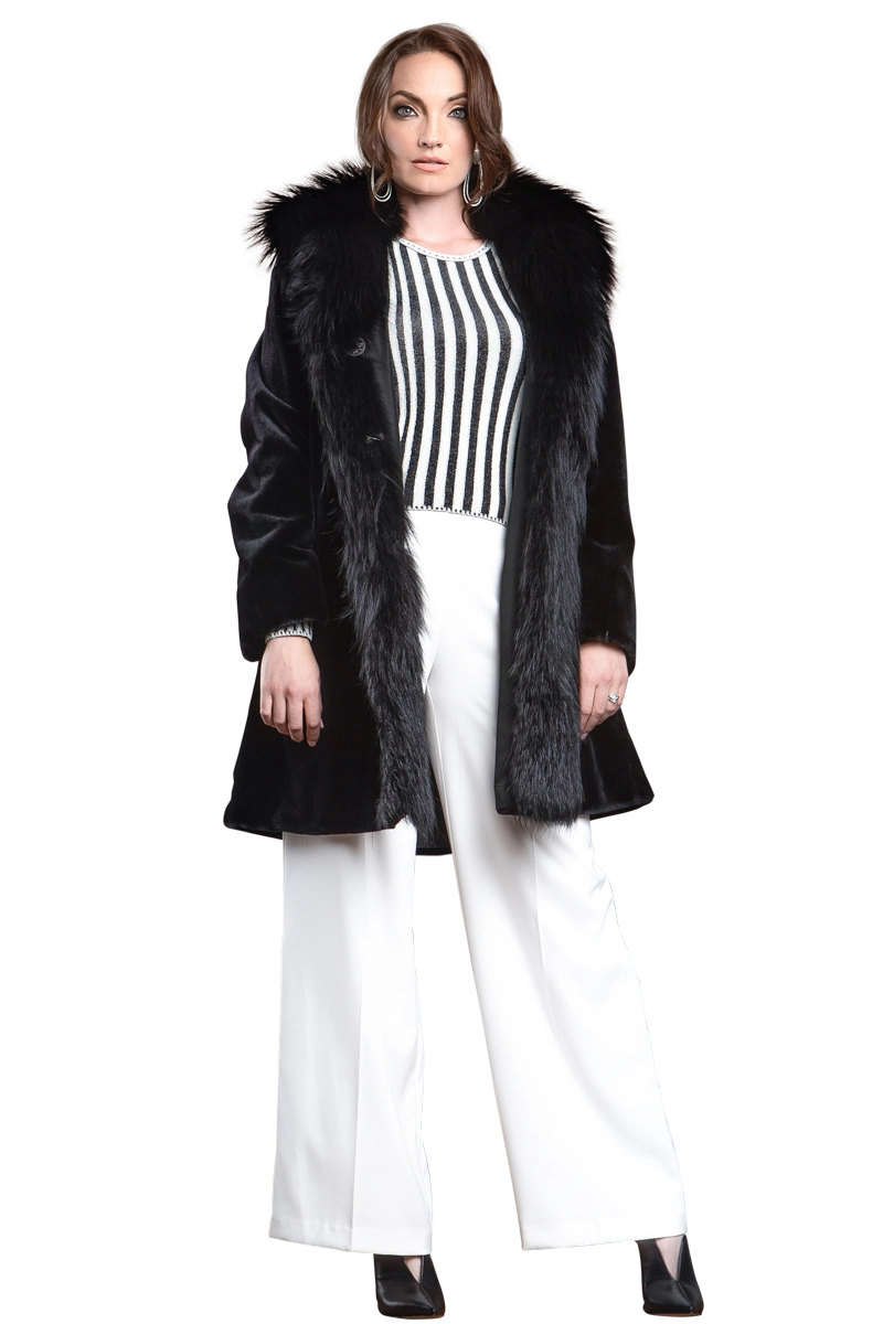  Black EM-EL Reversible Fitted Sheared Mid Length Mink and Fox Fur Coat