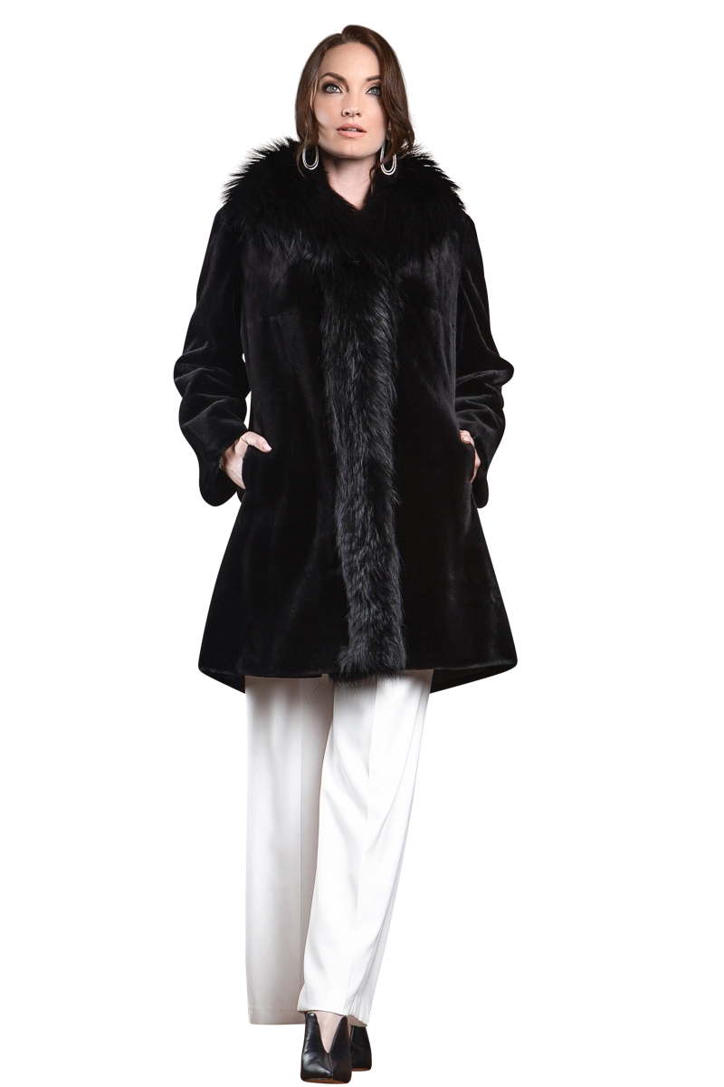  Black EM-EL Reversible Fitted Sheared Mid Length Mink and Fox Fur Coat