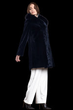 NavyBlue EM-EL Reversible Fitted Sheared Mid Length Mink and Fox Fur Coat