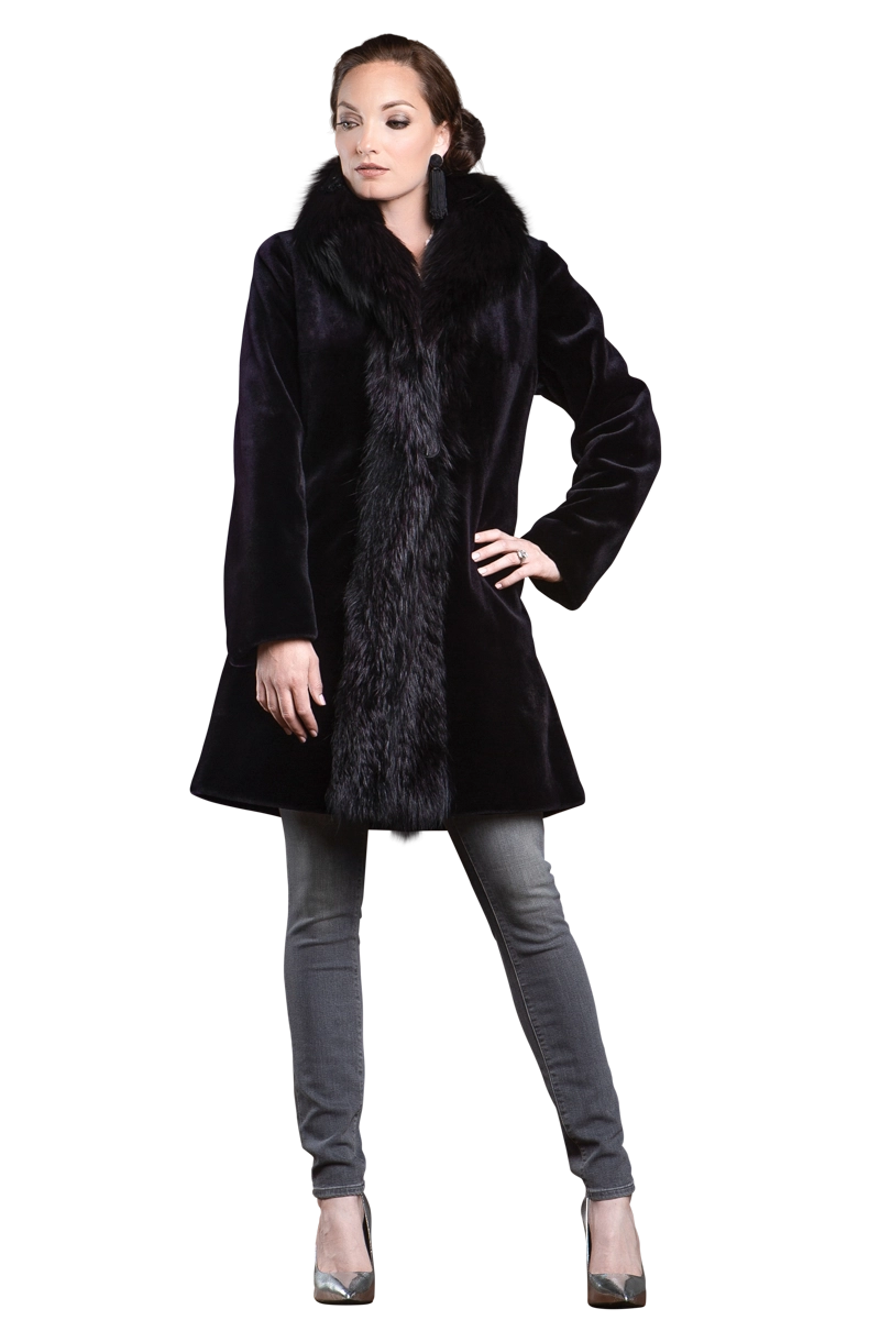 Burgundy EM-EL Reversible Fitted Sheared Mid Length Mink and Fox Fur Coat