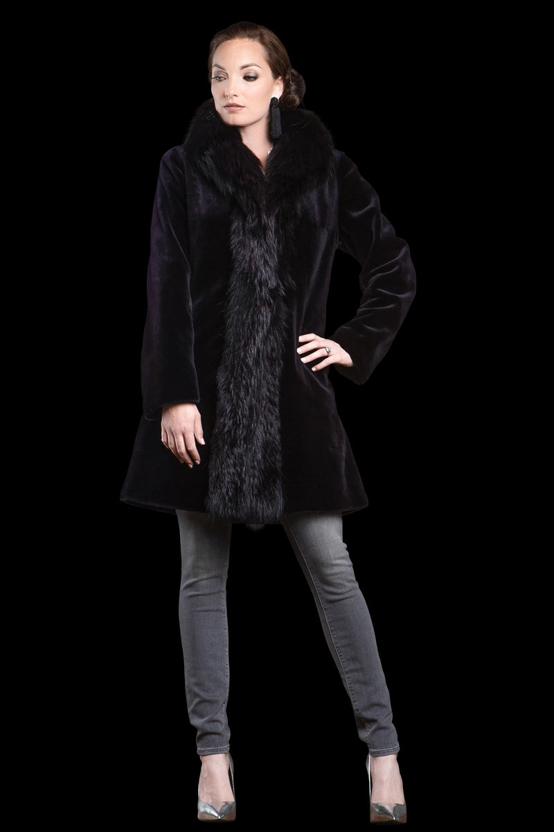 Burgundy EM-EL Reversible Fitted Sheared Mid Length Mink and Fox Fur Coat