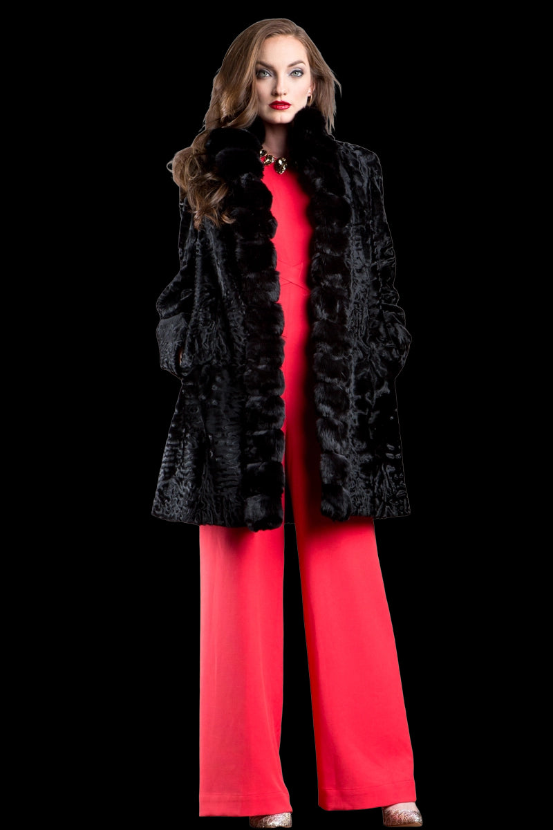 Black EM-EL Reversible Swakara and Chinchilla Fitted Mid-Length Fur Coat