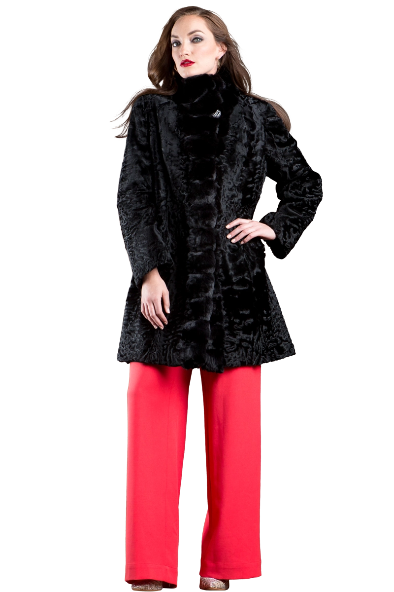 Black EM-EL Reversible Swakara and Chinchilla Fitted Mid-Length Fur Coat