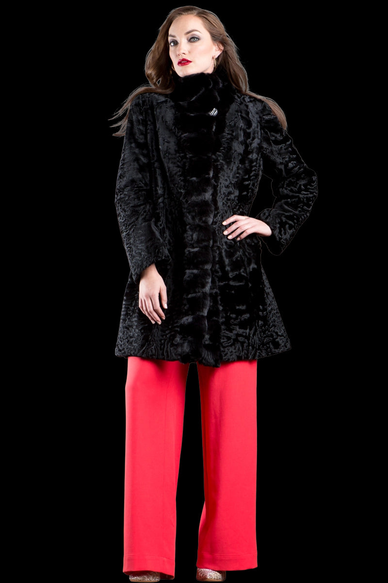 Black EM-EL Reversible Swakara and Chinchilla Fitted Mid-Length Fur Coat