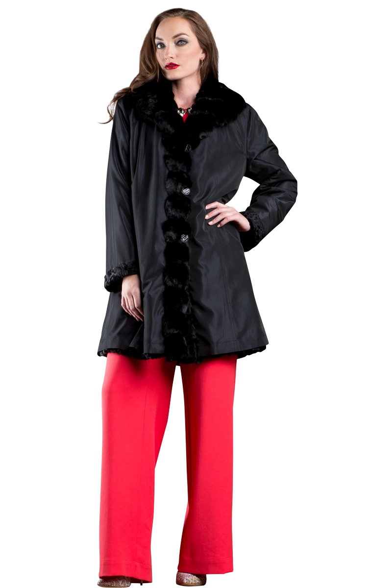 Black EM-EL Reversible Swakara and Chinchilla Fitted Mid-Length Fur Coat