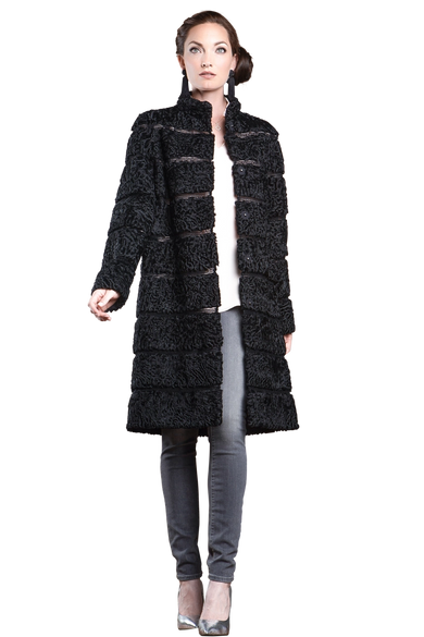 Black Reversible Horizontal Swakara Mid-Length Fur Coat - Netting Detail