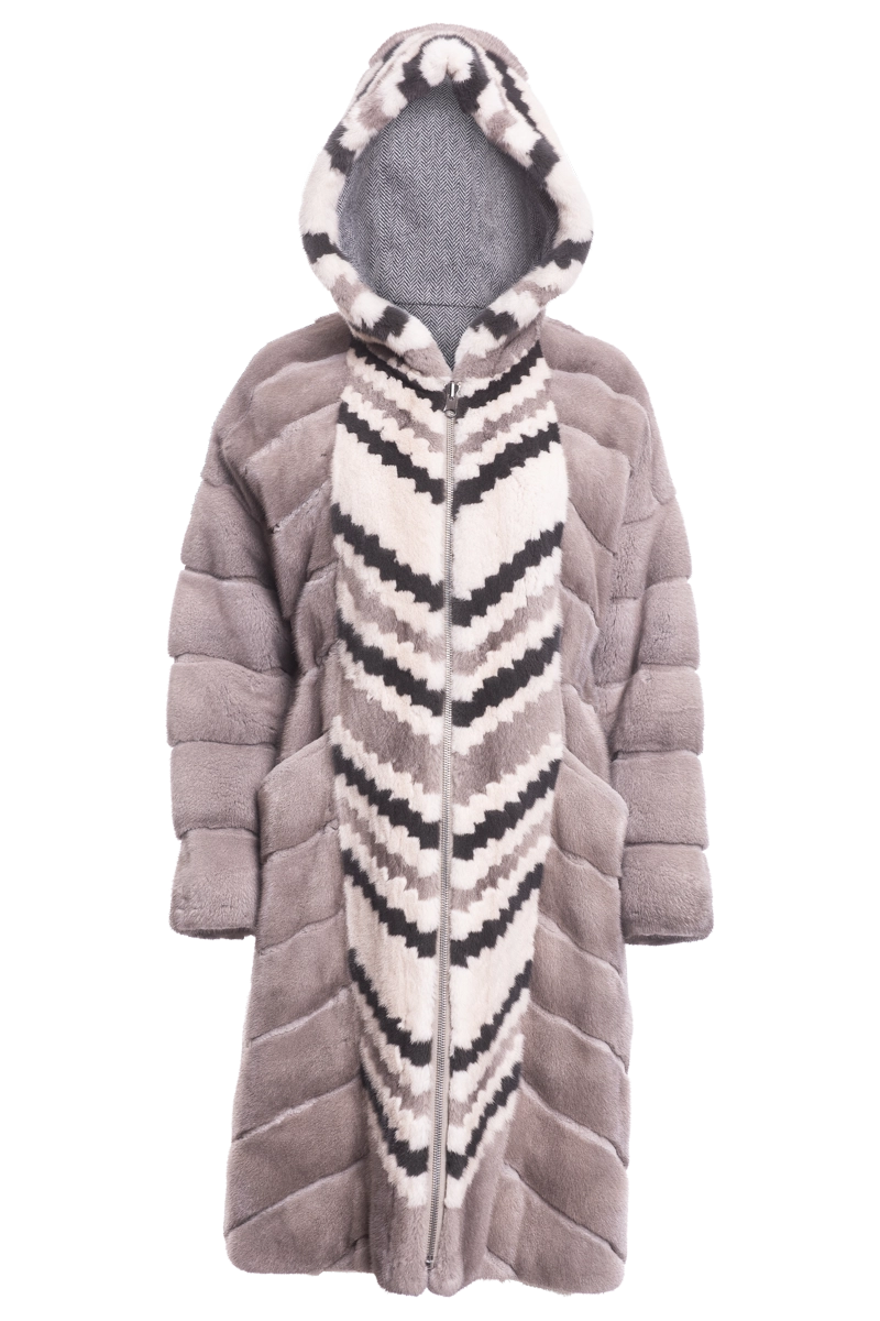 EM EL Women s Hooded Reversible Silver Blue Multi Color Tuxedo Mink Fur Coat ML Furs Luxury Skiwear