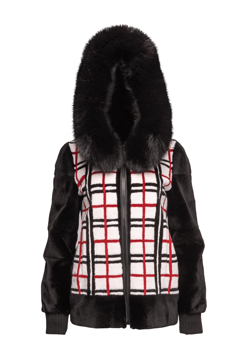 Black EM-EL Women's Reversible Plaid Sheared Mink Fur Jacket - Fox Trimmed Hood