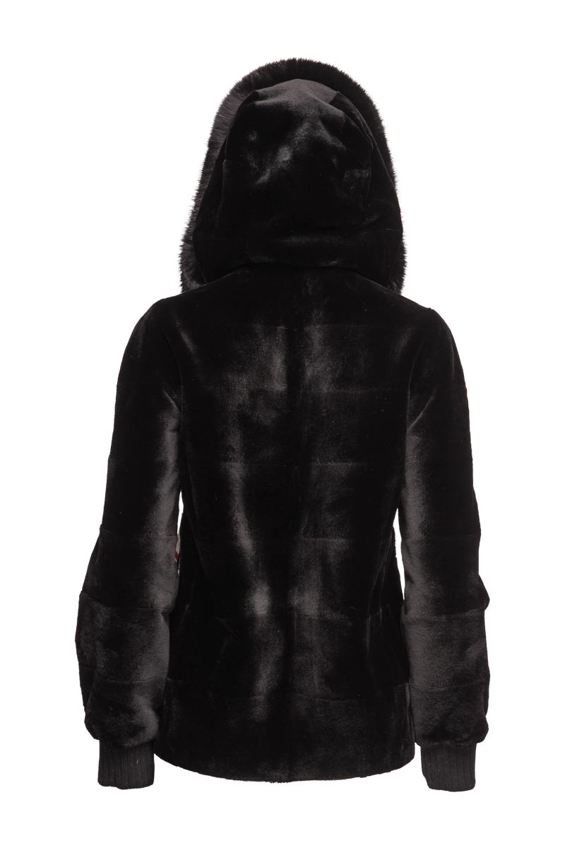 Black EM-EL Women's Reversible Plaid Sheared Mink Fur Jacket - Fox Trimmed Hood