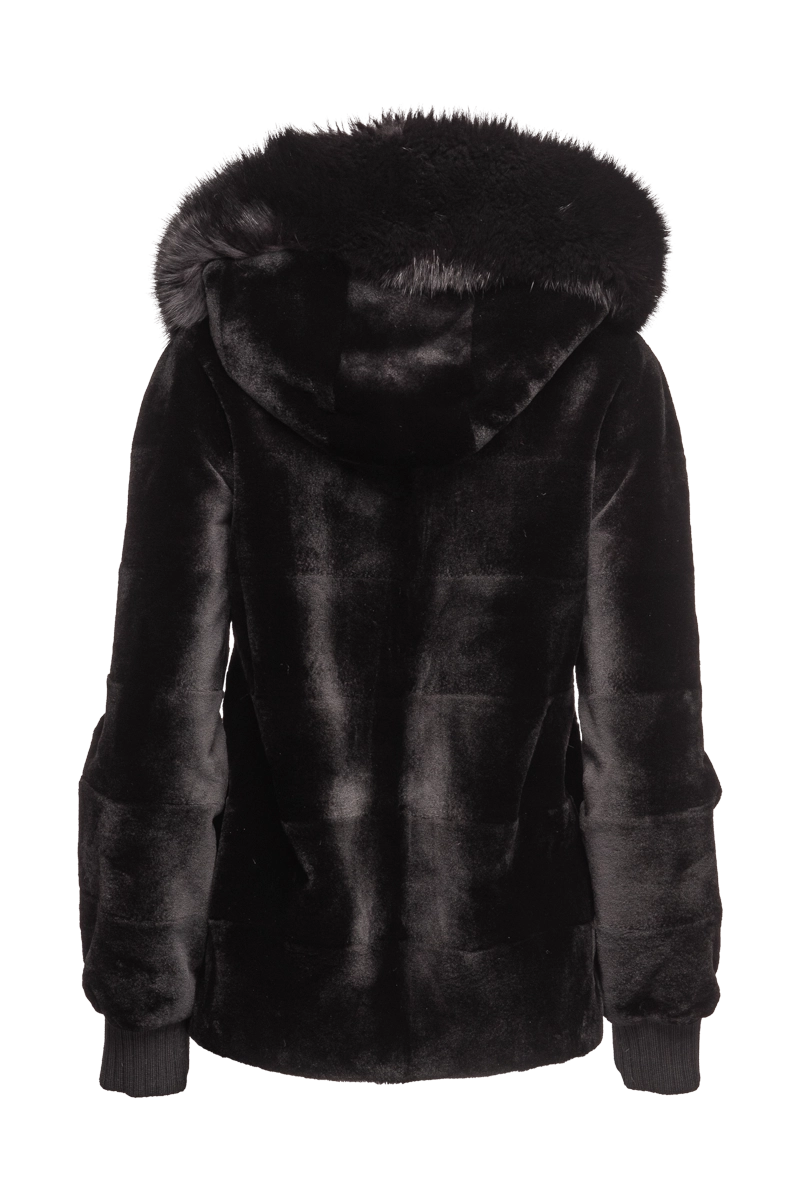 Black EM-EL Women's Reversible Plaid Sheared Mink Fur Jacket - Fox Trimmed Hood