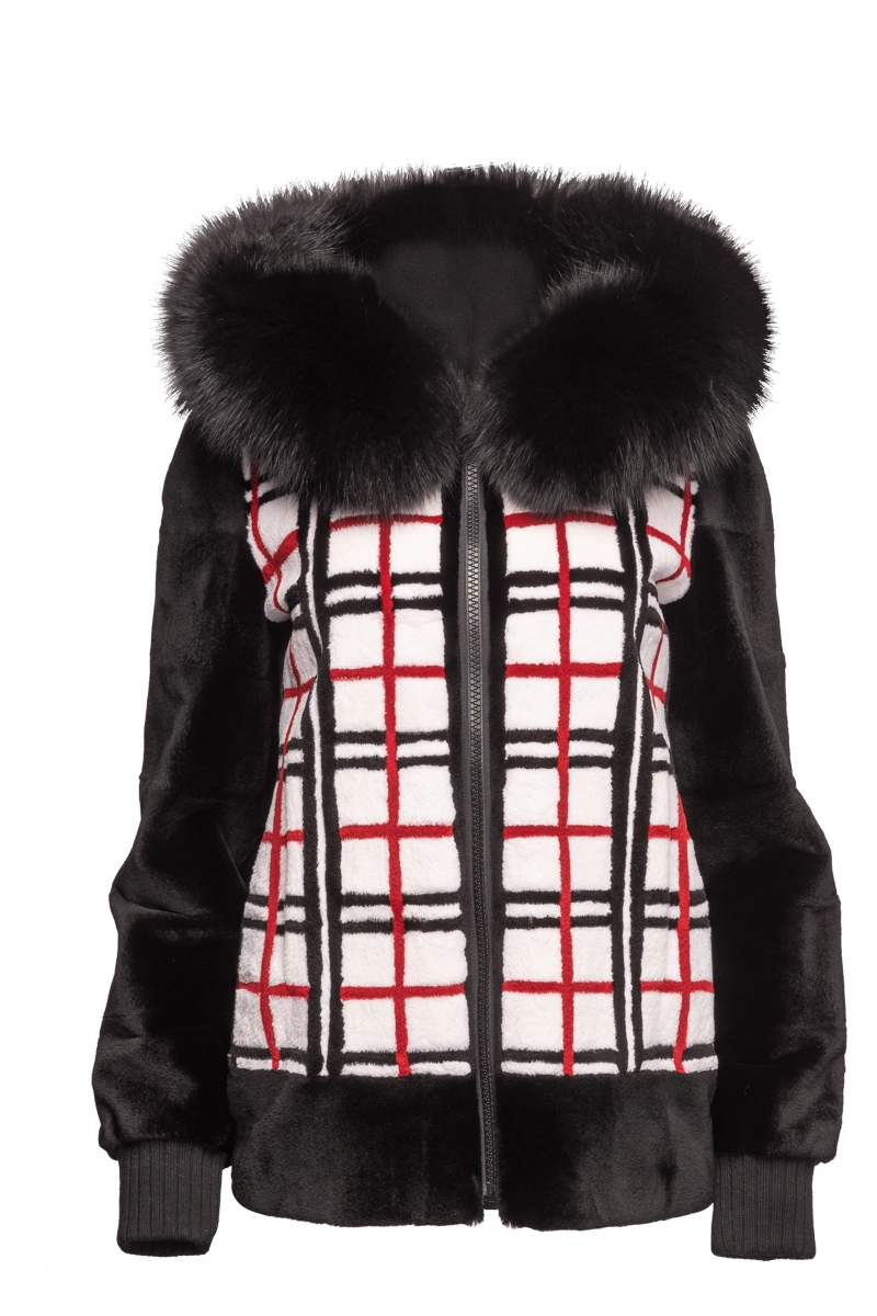 Black EM-EL Women's Reversible Plaid Sheared Mink Fur Jacket - Fox Trimmed Hood