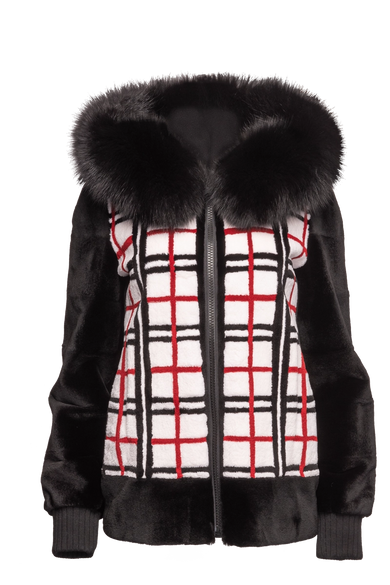 Reversible Plaid & Black Sheared Mink Fur Jacket - Fox Trimmed Hood