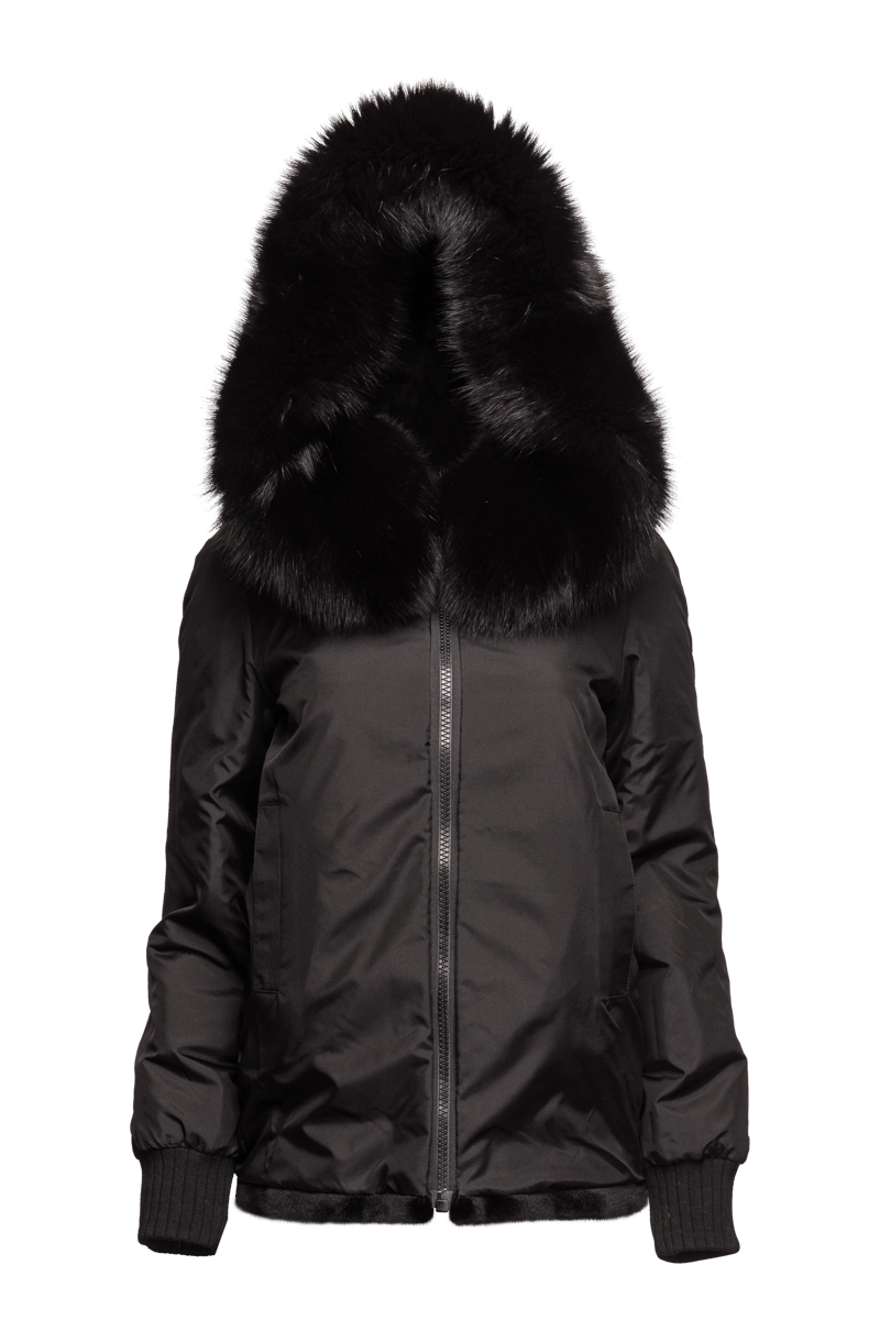 Black EM-EL Women's Reversible Plaid Sheared Mink Fur Jacket - Fox Trimmed Hood