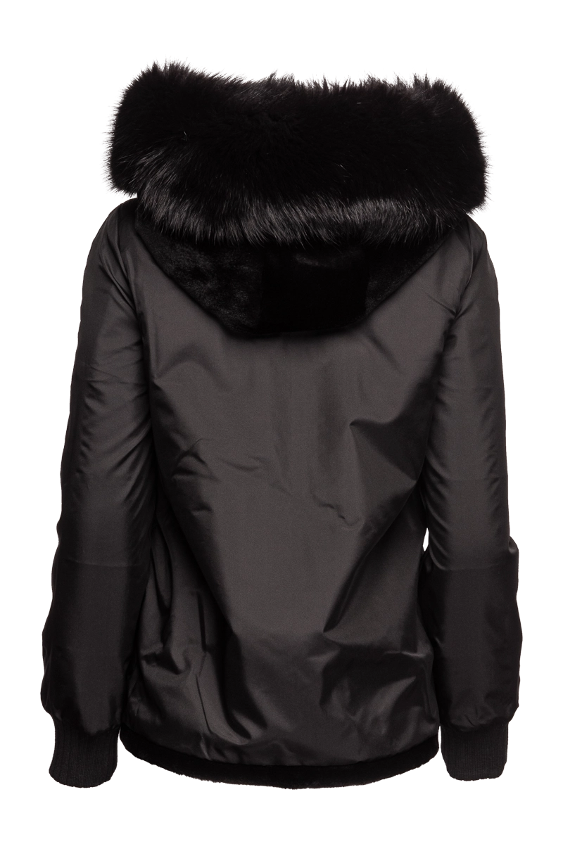 Black EM-EL Women's Reversible Plaid Sheared Mink Fur Jacket - Fox Trimmed Hood